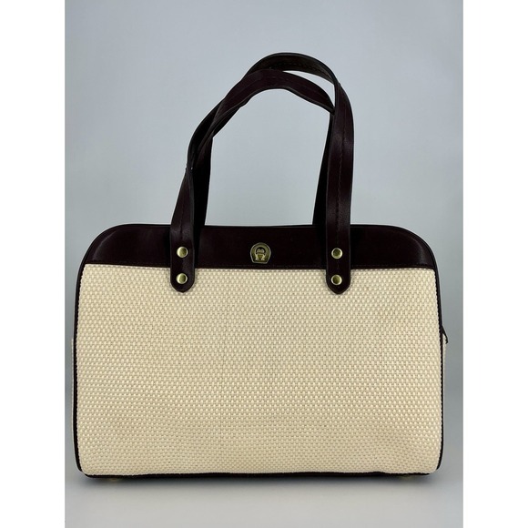 Etienne Aigner Handbags - Etienne Aigner Beige Brown Woven Satchel Double Handles Gold Hardware